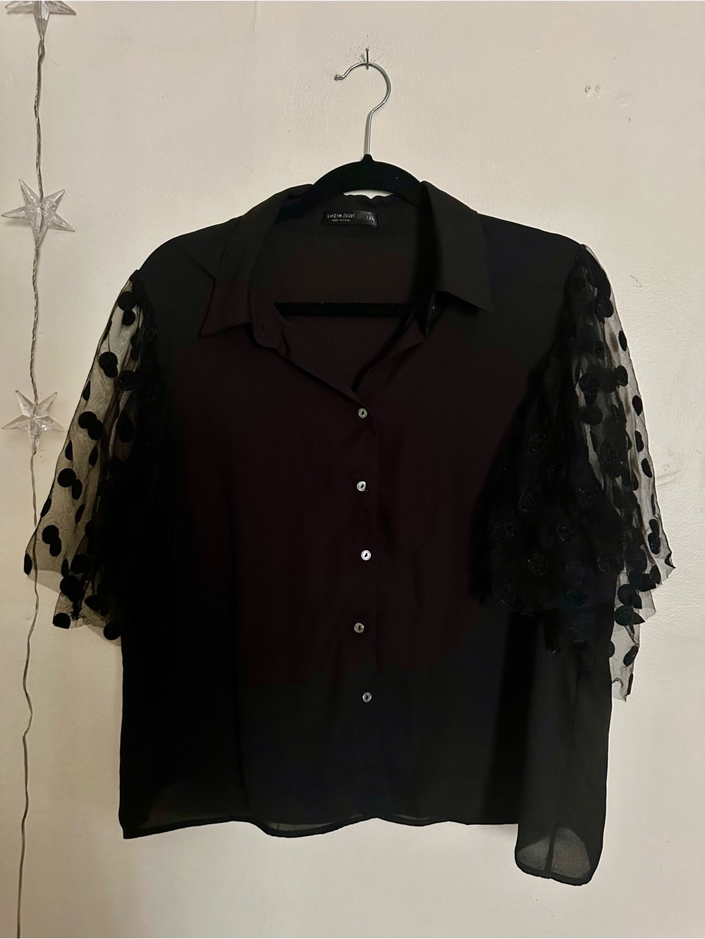 SHEIN Curve Black Button-Down Blouse with Polka Dot Mesh Sleeves